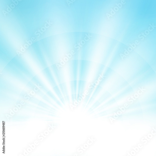 Center sunburst light effect on soft clean blue sky background.