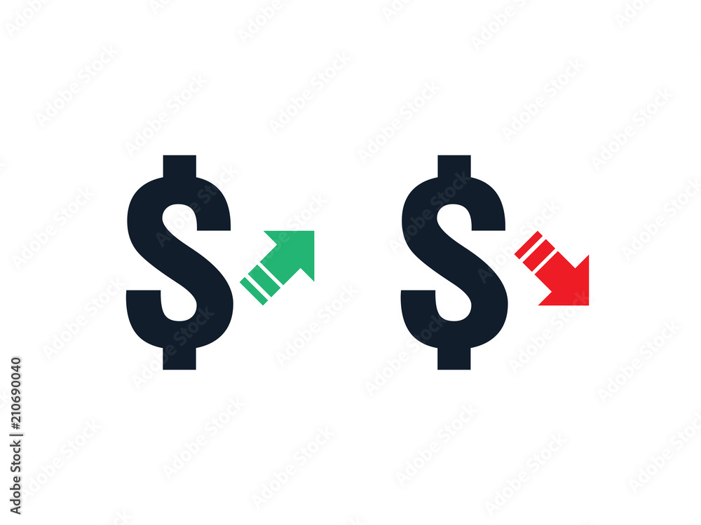 dollar increase decrease icon. Money symbol with arrow stretching rising up and drop fall down. Business cost sale and reduction icon. vector illustration. dollar increase decrease icon. Money symbol with arrow stretching rising up and drop fall down. Business cost sale and reduction icon. vector illustration.