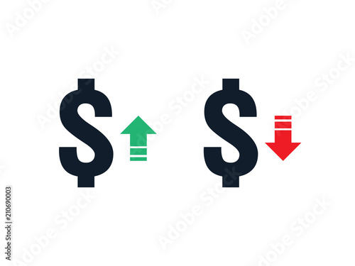 dollar increase decrease icon. Money symbol with arrow stretching rising up and drop fall down. Business cost sale and reduction icon. vector illustration.