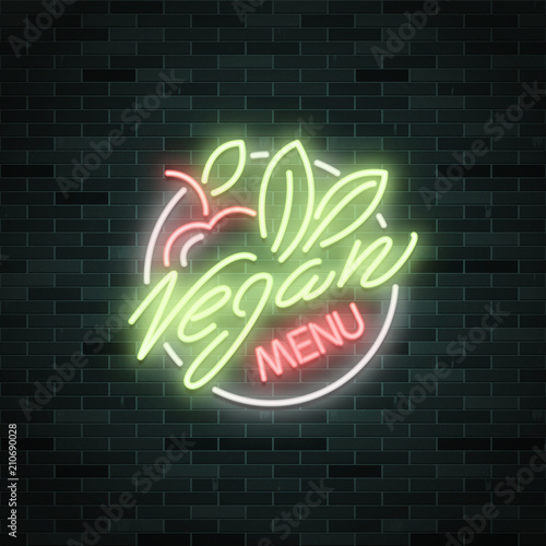 Vegan food menu restaurant advertisement, logo, icon, neon glowing text, vector illustration