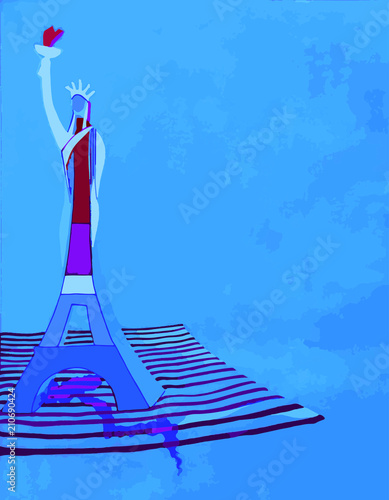 Dessin de la Tour Eiffel et de la Statue de La Liberté entremêlées symbolisant l'amitié France USA