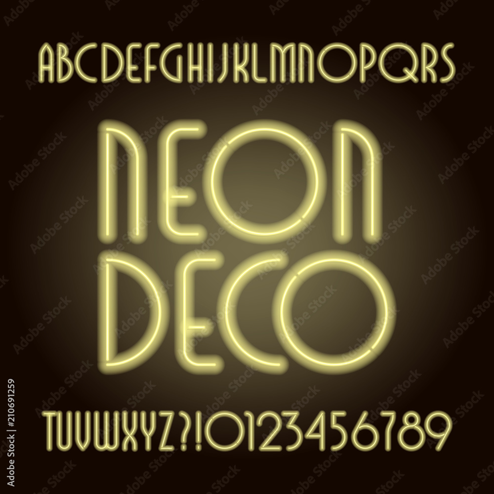 Neon tube art deco alphabet font. Neon color letters and numbers. Retro