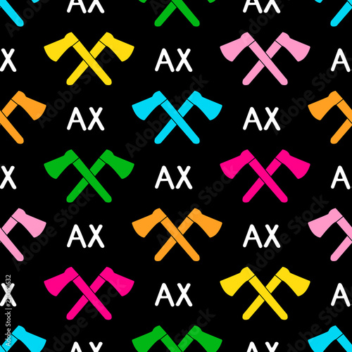 Seamless pattern with colorful axs on the black background, white words ax. photo