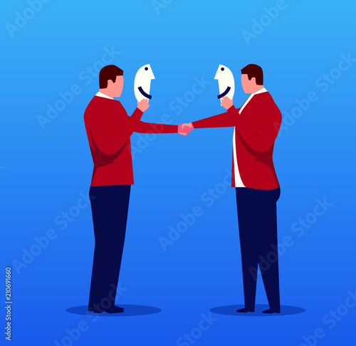 Two businessmen shaking hands with masks