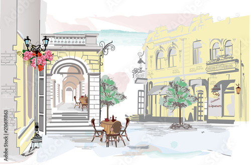 Series of colorful street views in the old city. Hand drawn vector architectural background with historic buildings.