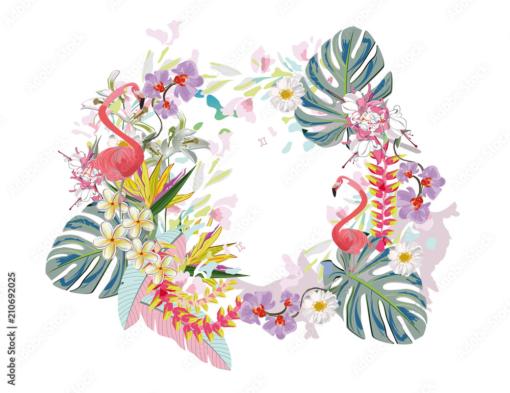 Fototapeta premium Series of invitation frame backgrounds with summer and spring flowers and leaves. Colorful floral garlands with peonies, green palm leaves and flamingos. Vector illustration.