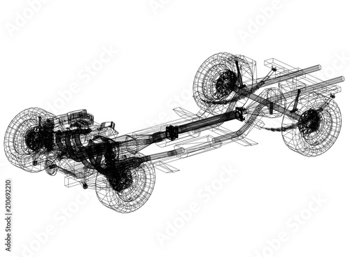 car chassis and engine Design – Blueprint - isolated