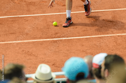 Ball boy pipcking up the bal on tennis court photo