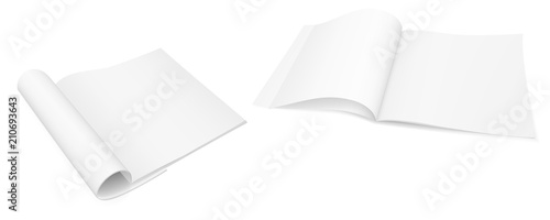 A set of  realistic vector images (layout, mock-up) of an open booklet (magazine, brochure) with a folded page, a perspective view. The image was created using a gradient mesh. Vector EPS 10.