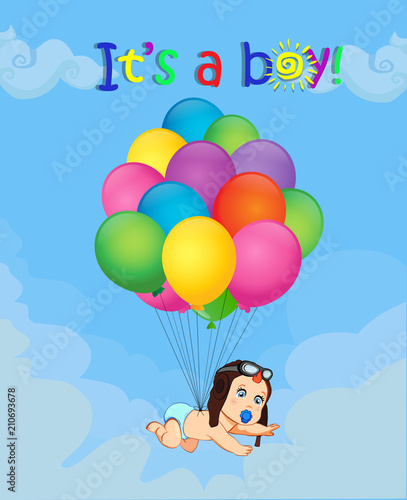 cartoon illustration with newborn baby falling down with balloons