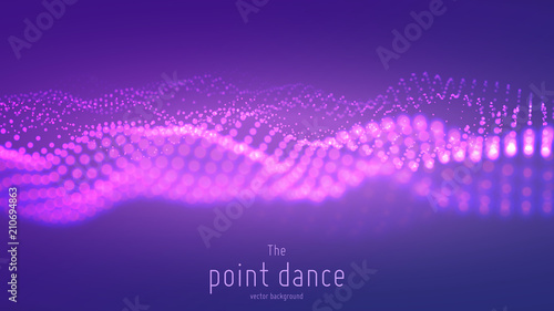 Vector abstract particle wave, points array with shallow depth of field. Futuristic illustration. Technology digital splash or explosion of data points. Pont dance waveform. Cyber UI, HUD element.