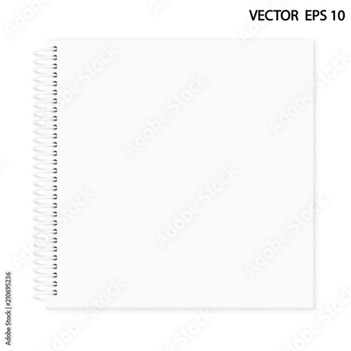 Vector realistic image of a notebook, top view. White sheets of paper (square shape) fastened with a white plastic spiral. Isolated on white, 3d. The image was created using gradient mesh. EPS 10.