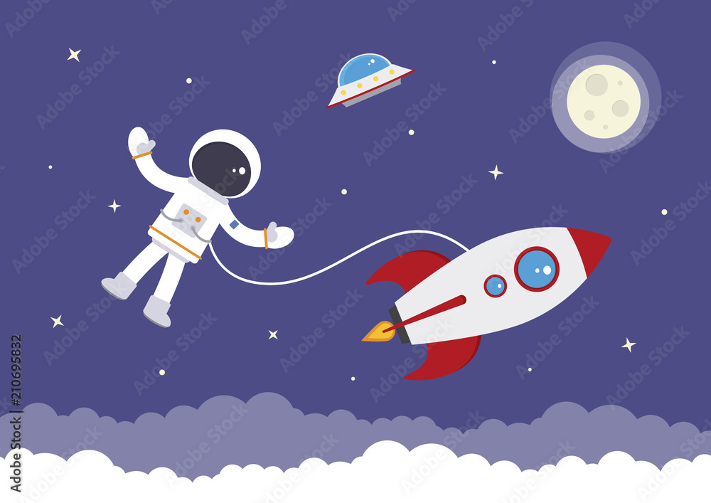 Cartoon Vector Spaceman attached to a Rocket
