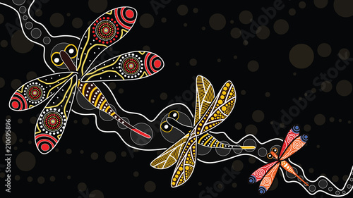 Aboriginal art vector painting with dragonfly. Illustration based on aboriginal style of landscape background.