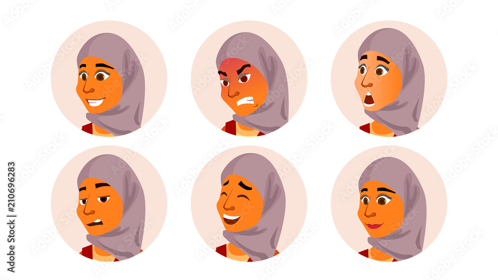 Arab Avatar Woman Vector. Facial Emotions. Traditional Clothes.Islamic. Hijab. Arab, Muslim. User Portrait. Scared, Aggressive. Happiness, Unhappy. Modern Employer. Isolated Flat Cartoon Illustration Arab Avatar Woman Vector. Facial Emotions. Traditional Clothes.Islamic. Hijab. Arab, Muslim. User Portrait. Scared, Aggressive. Happiness, Unhappy. Modern Employer. Isolated Flat Cartoon Illustration