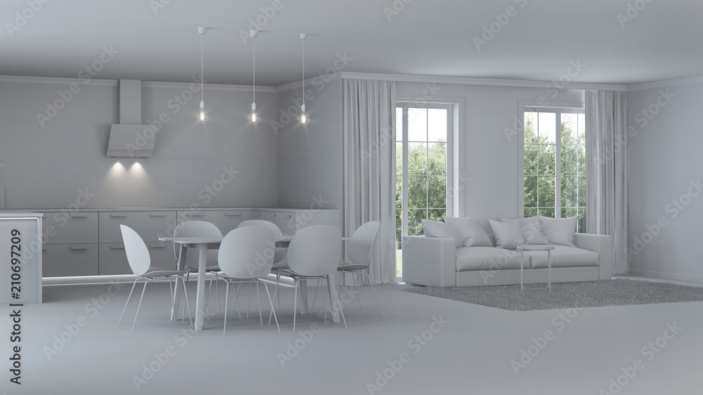 Fototapeta premium Modern house interior. Repairs. Gray interior. 3D rendering.