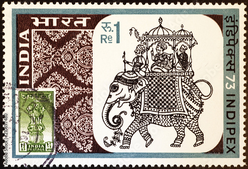 Drawing of elephant carrying Maharaja on indian postage stamp Stock Photo