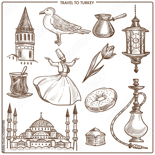 Turkey travel symbols and vector sketch landmarks