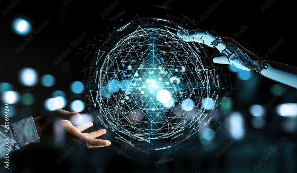 White robot hand using digital triangle exploding sphere hologram 3D ...