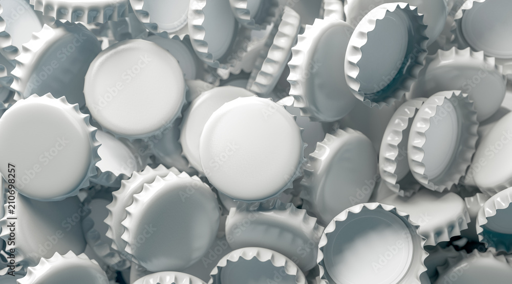 Blank white beer lid stack mock up, top view, 3d rendering. Empty metal soda inverted caps heap mock up design template. Clear bottle cover pile Blank white beer lid stack mock up, top view, 3d rendering. Empty metal soda inverted caps heap mock up design template. Clear bottle cover pile