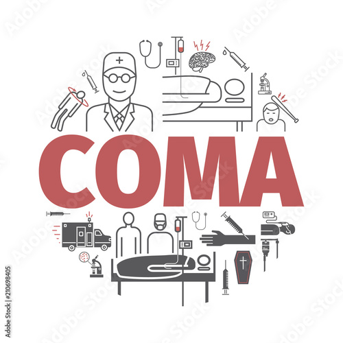 Coma banner. Hospital bed. Infographic line icons. Vector