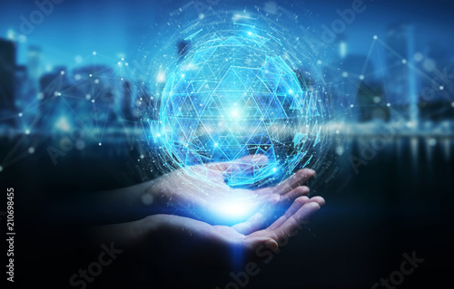 Businesswoman using digital triangle exploding sphere hologram 3D rendering