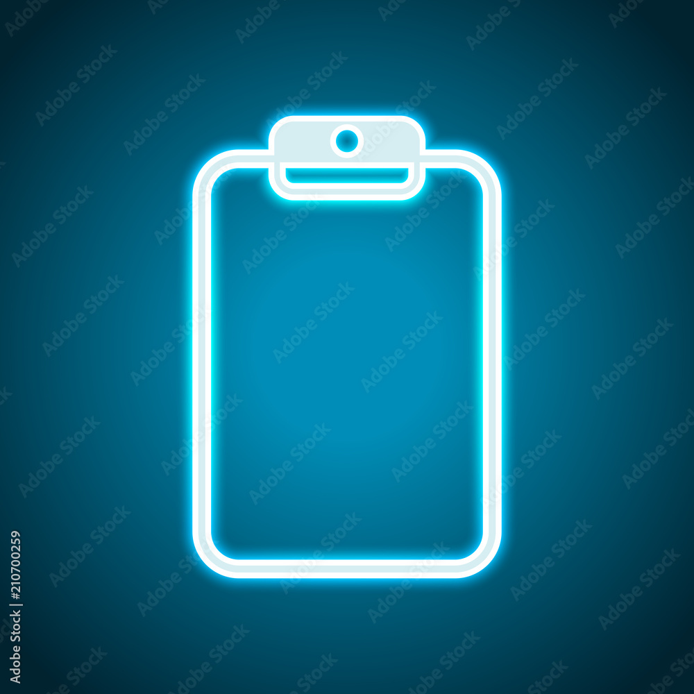 Tablet with paper. Neon style. Light decoration icon. Bright ele Tablet with paper. Neon style. Light decoration icon. Bright ele