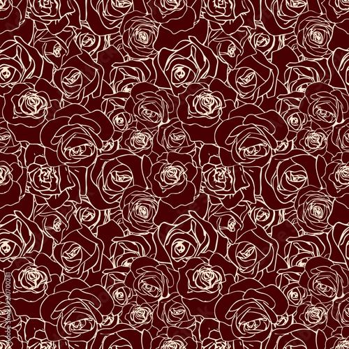 A lot of beautiful vanilla outline rosebuds on dark background, seamless pattern