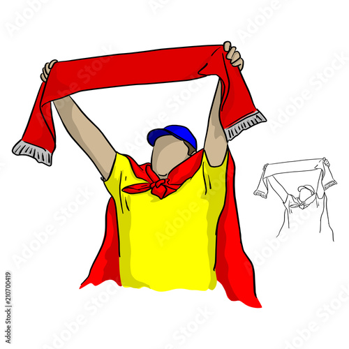 fat male football fan holding a red scarf and cheering vector illustration sketch doodle hand drawn with black lines isolated on white background