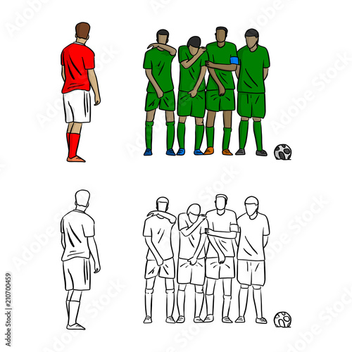 male soccer player shooting a free kick with opposite players on the wall vector illustration sketch doodle hand drawn with black lines isolated on white background