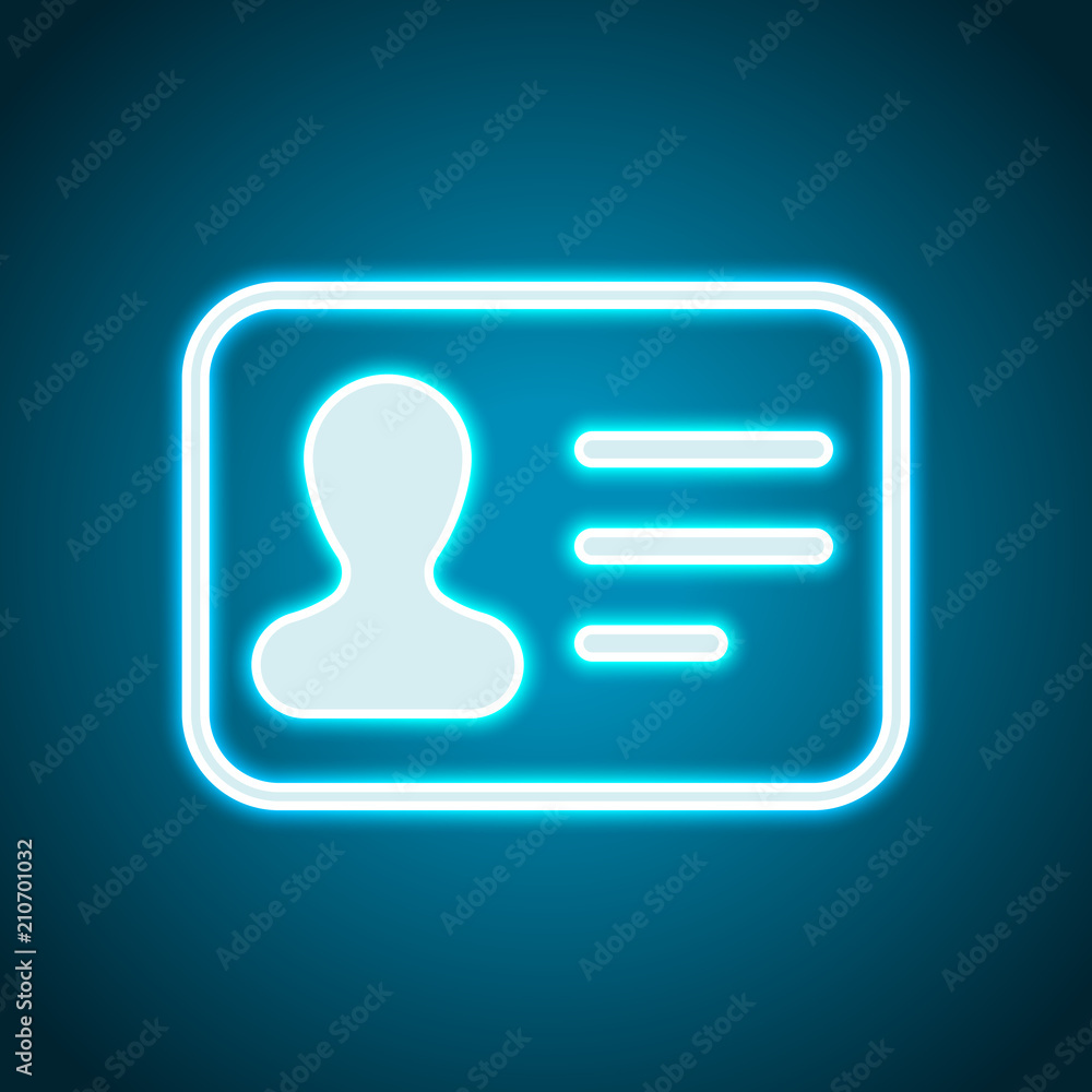 Identification card icon. ID profile. Neon style. Light decorati Identification card icon. ID profile. Neon style. Light decorati