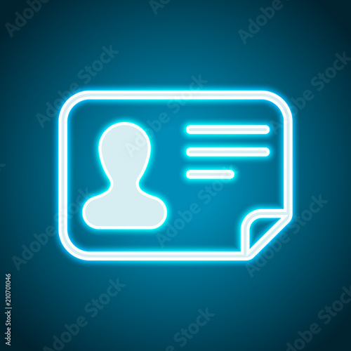 Identification card icon. ID profile. Neon style. Light decorati