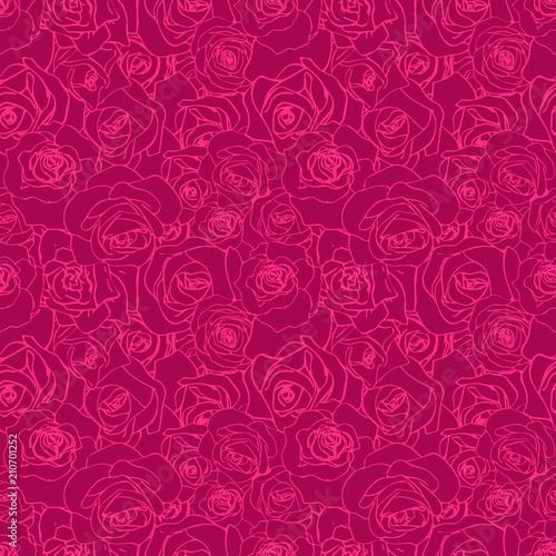 A lot of beautiful pink outline rosebuds on purple background, seamless pattern