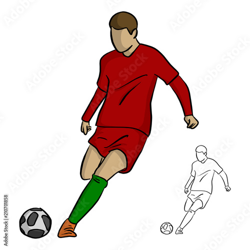 Soccer player in action, shooting a goal vector illustration sketch doodle hand drawn with black lines isolated on white background