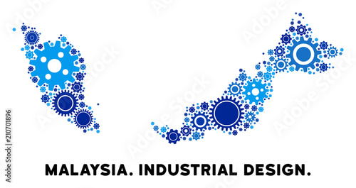 Repair Service Malaysia map mosaic of cogs. Abstract territorial plan in blue color tinges. Vector Malaysia map is composed of cogwheels. Concept of industrial service.