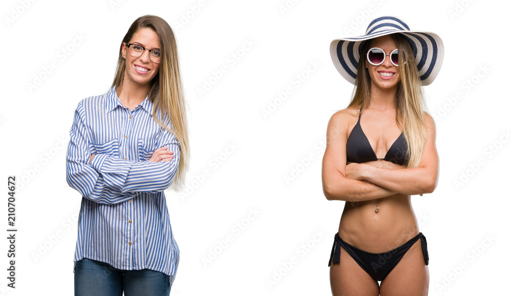 Young beautiful blonde woman wearing business and bikini outfits happy face smiling with crossed arms looking at the camera. Positive person. - obrazy, fototapety, plakaty 