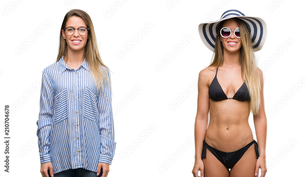 Young beautiful blonde woman wearing business and bikini outfits with a happy and cool smile on face. Lucky person. - obrazy, fototapety, plakaty 