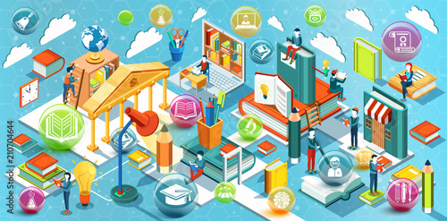 Online education Isometric flat design. The concept of reading books in the library and in the classroom. Learning process. University studies. Vector illustration