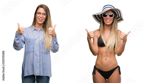 Young beautiful blonde woman wearing business and bikini outfits success sign doing positive gesture with hand  thumbs up smiling and happy. 