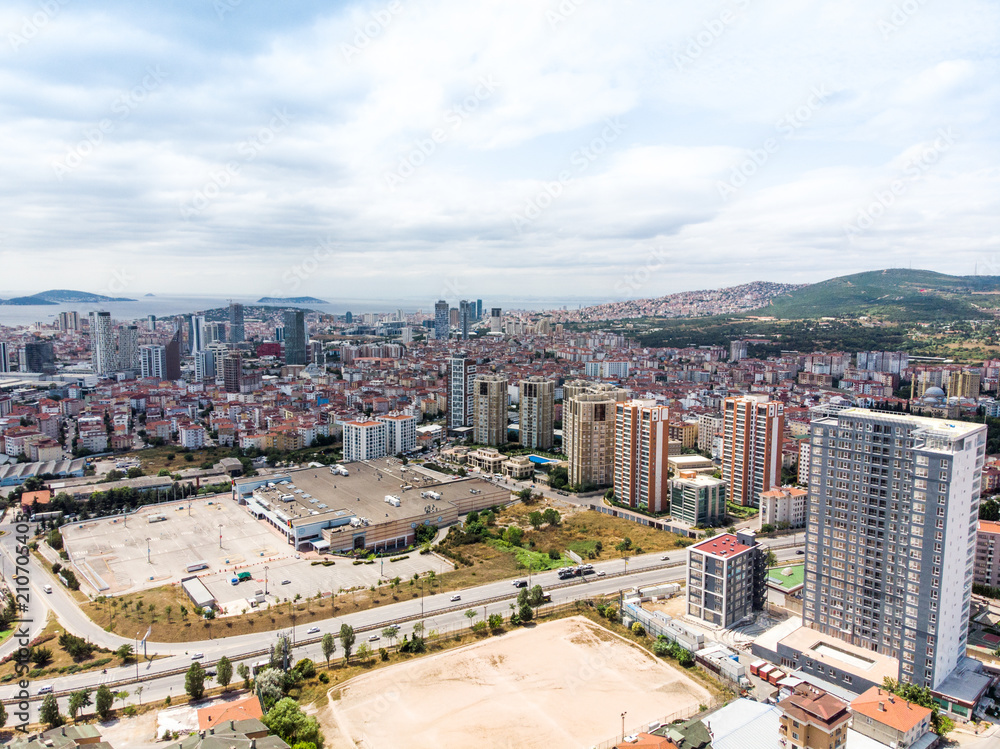 Istanbul, Turkey - February 23, 2018:Aerial Drone View of Unplanned Urbanization Istanbul Kartal Yakacik Real M1 Avm