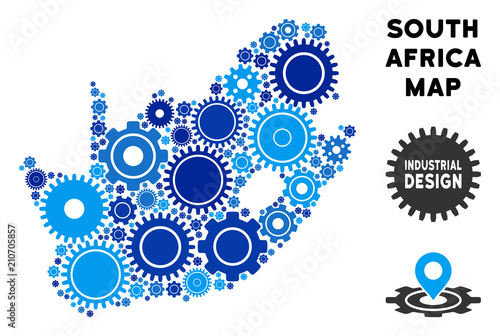 Industrial South African Republic map mosaic of gears. Abstract geographic scheme in blue shades. Vector South African Republic map is done with gears. Concept of mechanic job.