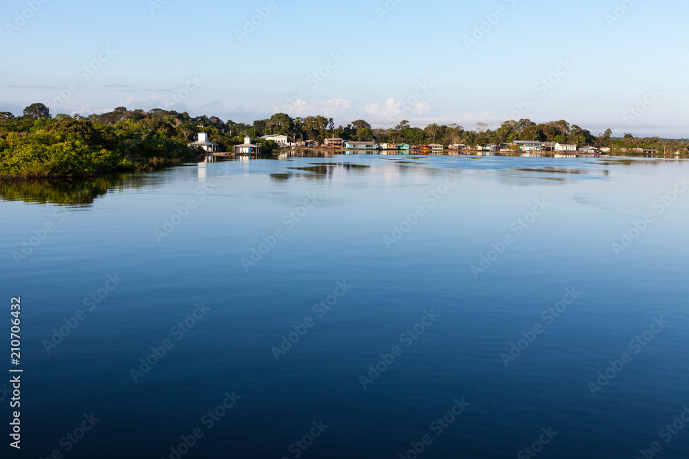 Amazonas, Brazil. View of a small village on the Negro River in the Amazon with blue sky.