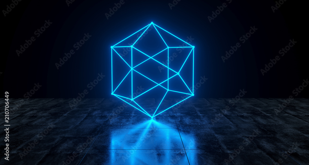 Geometric Futuristic Sci-fi Neon Primitive Low Poly Sphere Light On Dark Grunge Concrete Surface 3D Rendering Geometric Futuristic Sci-fi Neon Primitive Low Poly Sphere Light On Dark Grunge Concrete Surface 3D Rendering