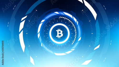 Bitcoin Cryptocurrency Futuristic Sci-Fi Technology Circular HUD Background Illustration. Worldwide Digital Money Blockchain System