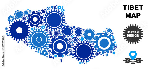 Repair Service Tibet Chinese territory map mosaic of gears. Abstract geographic scheme in blue color tones. Vector Tibet Chinese territory map is formed of cogs. Concept for industrial service.
