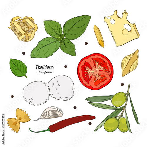 Set with hand drawn illustrations of food. Italian cuisine.