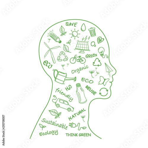 Ecology friendly and think green with doodle icons in human head, Vector illustration