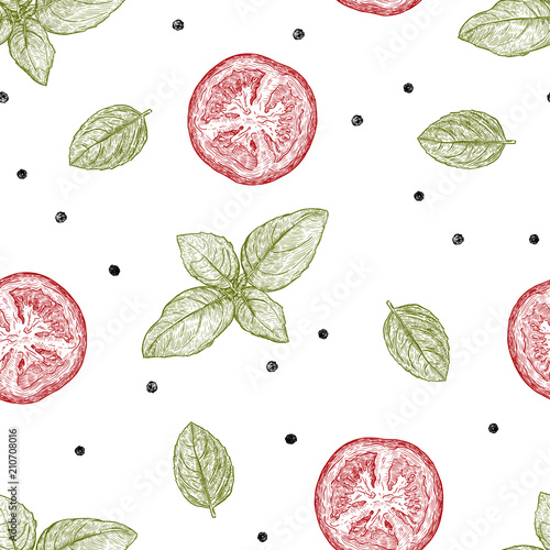 Italian cuisine. Ingredient, basil, tomato and pepper seamless pattern vector.