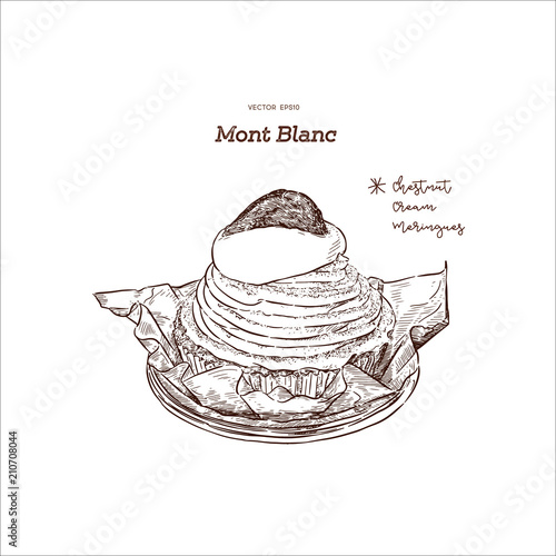 French traditional cake "Mont Blanc" with chestnuts cream, hand draw sketch vector.