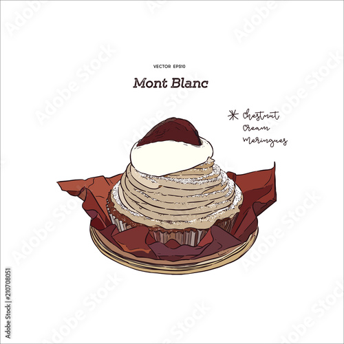 French traditional cake "Mont Blanc" with chestnuts cream, hand draw sketch vector.